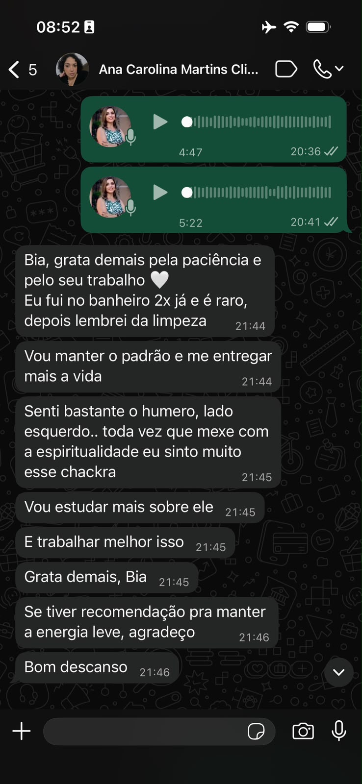 Print de conversa no WhatsApp - depoimento de Ana Carolina